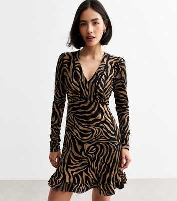 Black Woven Zebra Print Long Sleeve Dress