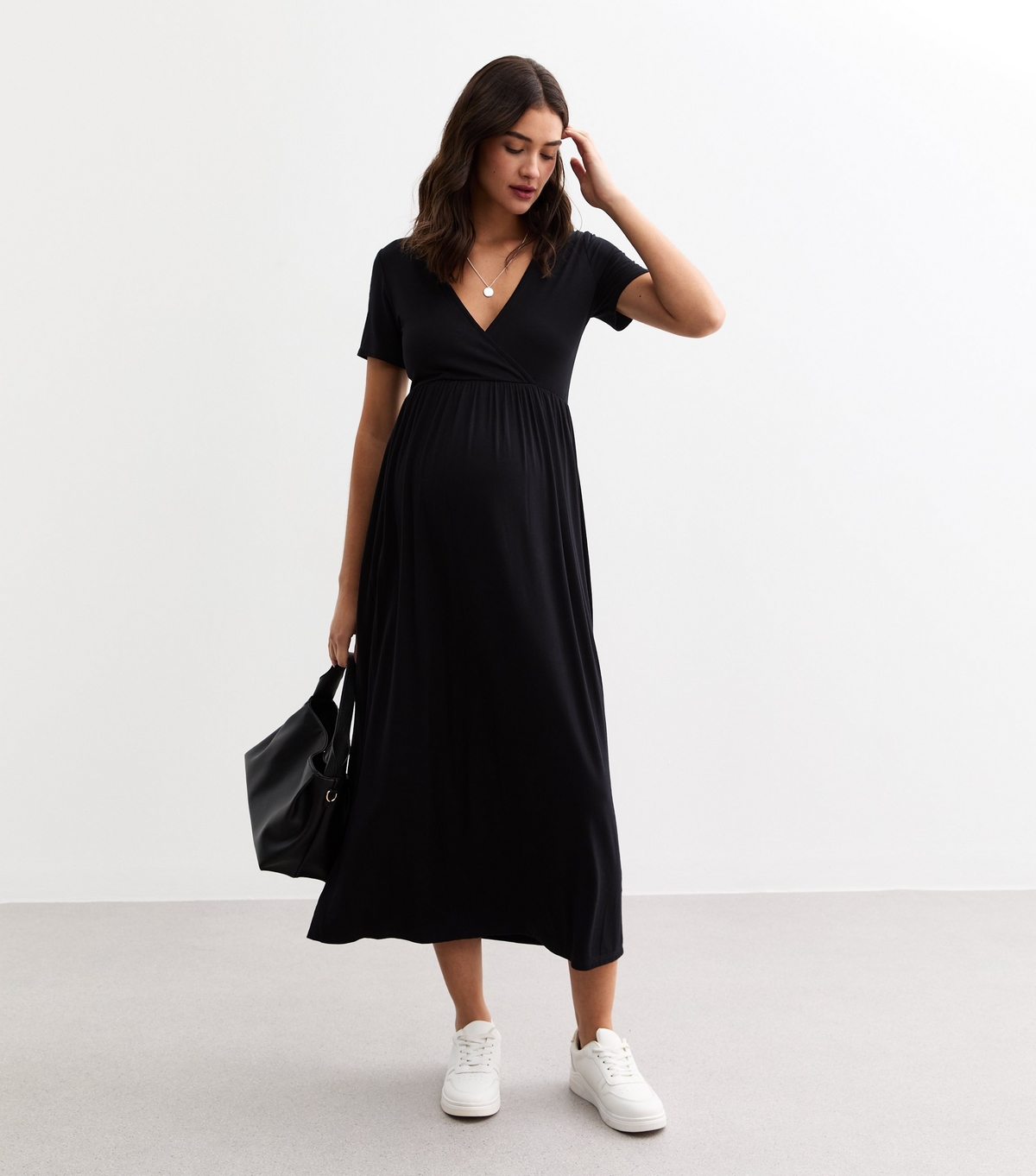 Women's Maternity Black Wrap Style Jersey Nursing Dress New Look