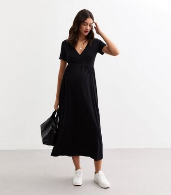 Maternity Black Wrap Style Jersey Nursing Dress New Look