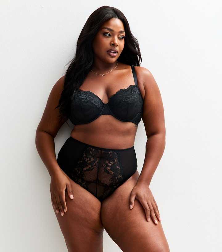 Curves Black Scalloped Edge Lace Brazilian Briefs