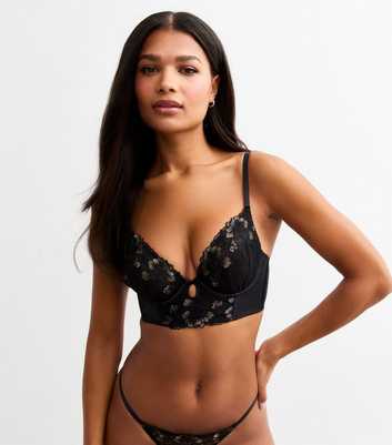 Black Floral Embroidered Mesh Underwired Non Padded Bra