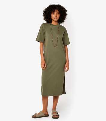 Apricot Olive Cotton Split Hem Midi Dress