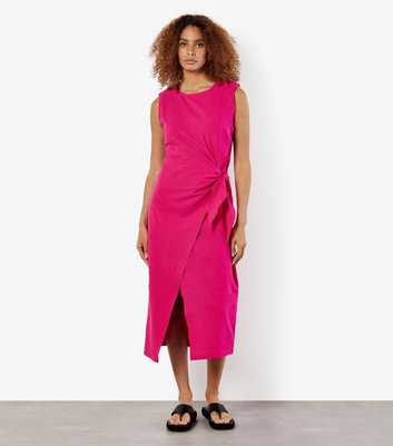 Apricot Bright Pink Cotton Wrap Knot Midi Dress