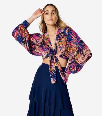 Apricot Navy Palm Print Tie Front Blouse