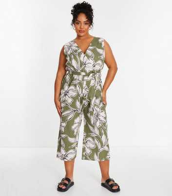 QUIZ Curves Olive Floral Print Crop Belted Jumpsuit