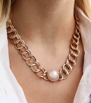 Gold Tone Faux Pearl Curb Chain Necklace New Look