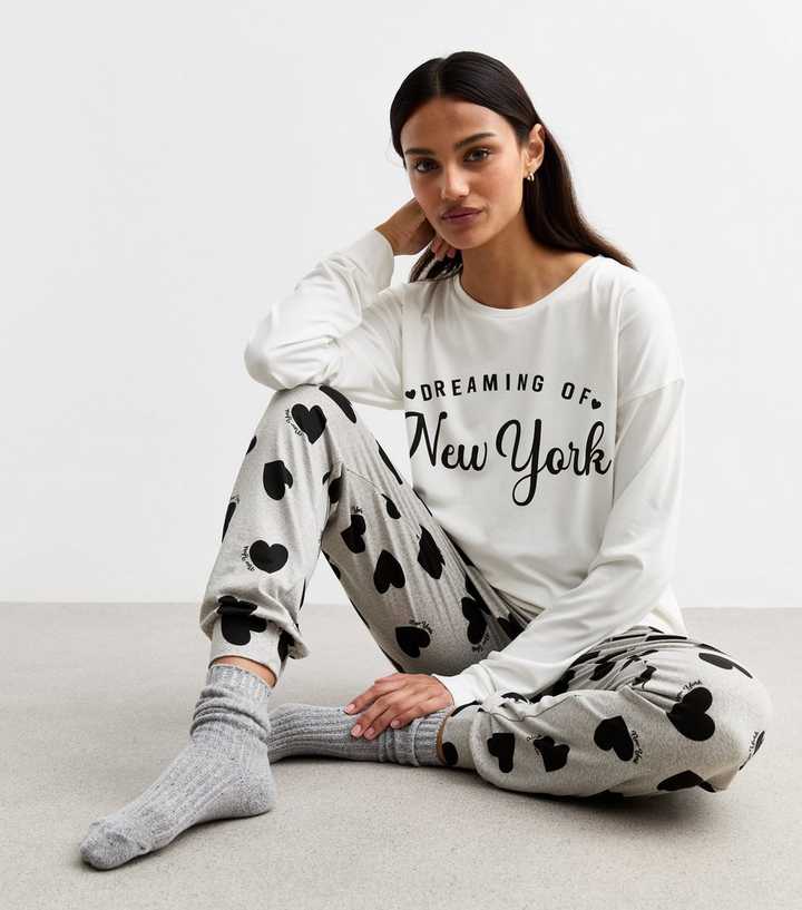 Light Grey Dreaming Of New York Heart Print Pyjama Set New Look