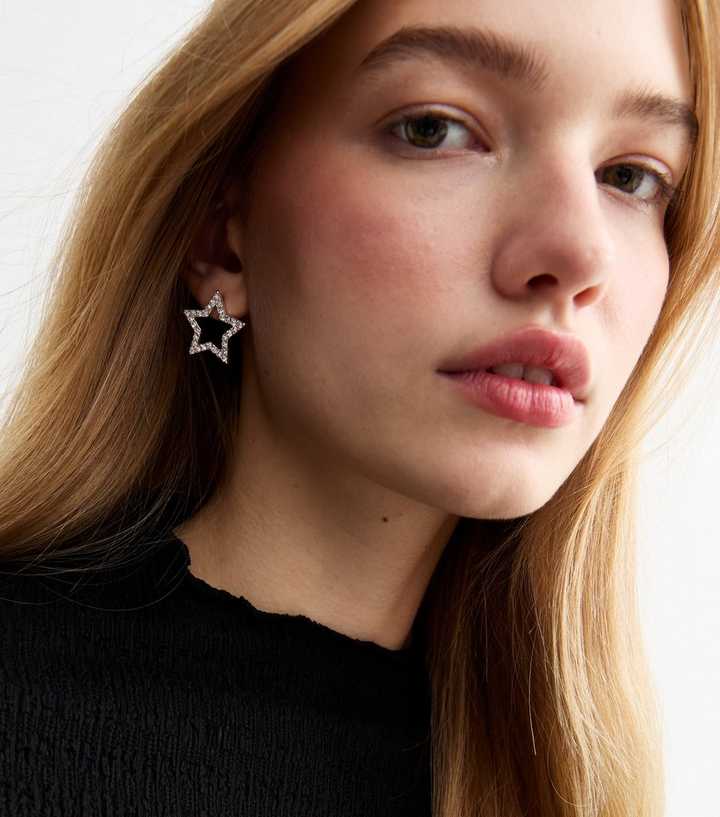 Silver Tone Diamanté Star Earrings 