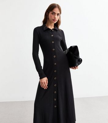 Black Button Front Ribbed Maxi Dress New Look