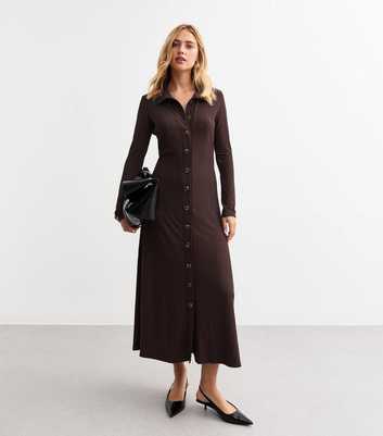 Brown Button Front Ribbed Maxi Dress