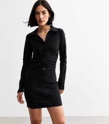 Black Jersey Button Up Mini Dress