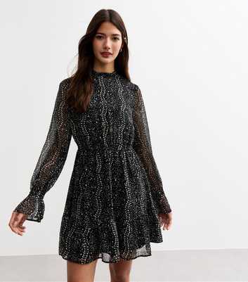 Black Patterned Crinkled Chiffon Mini Dress