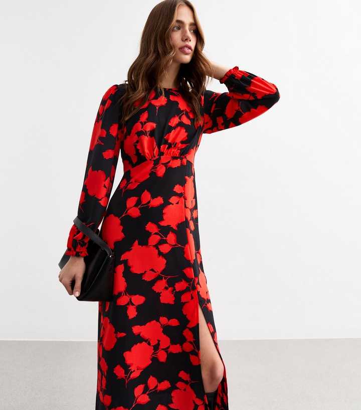 Black Floral Print Long Sleeve Split Hem Midi Dress | New Look