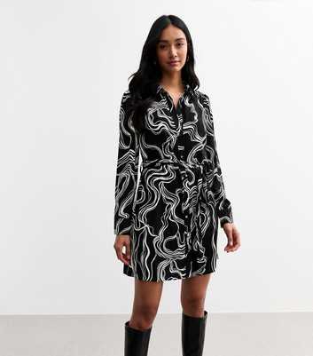 Black Doodle Print Belted Shirt Dress