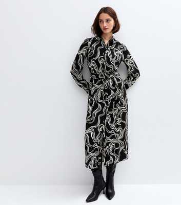 Black Doodle Print Midi Shirt Dress