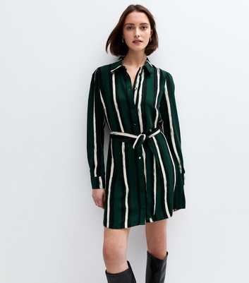 Dark Green Striped Mini Shirt Dress