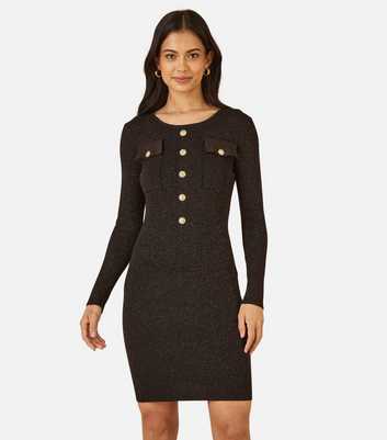 Yumi Black Ribbed Pocket Front Button Mini Dress