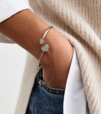 Silver Tone Diamante Heart Cuff Bracelet New Look