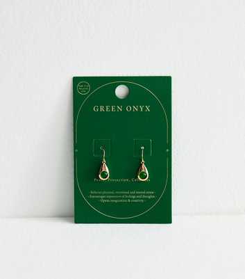 Gold Tone Semi Precious Green Onyx  Teardrop Earrings