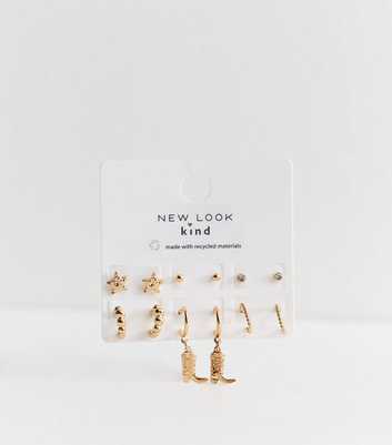 Gold Tone Six Pack Cowboy Mix Stud Earrings