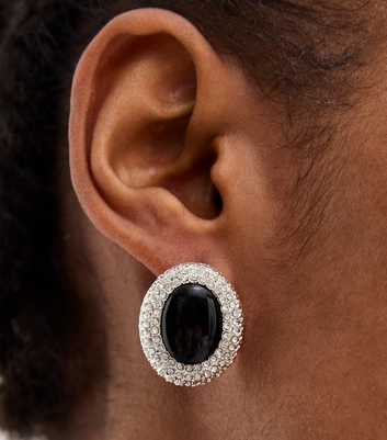 Silver Tone Diamanté Oval Stud Earrings