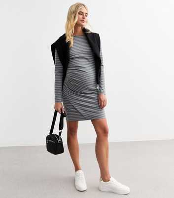 Maternity Grey Striped Jersey Mini Dress