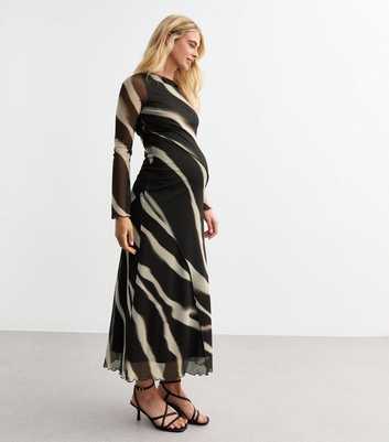 Maternity Black Blur Stripe Mesh Long Sleeve Midi Dress