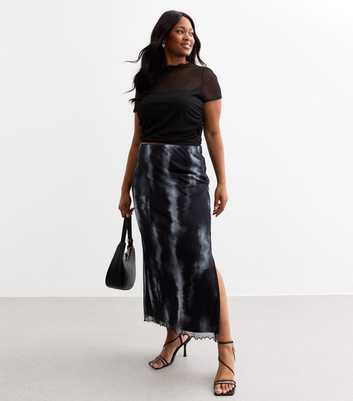 Curves Black Blur Print Mesh Midi Skirt