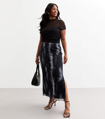 Curves Black Blur Print Mesh Midi Skirt | New Look