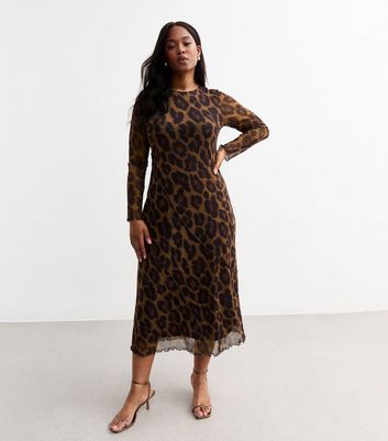 Curves Brown Leopard Print Long Sleeve Mesh Midi Dress New Look