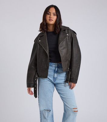 Urban Bliss Dark Brown Distressed Faux Leather Biker Jacket New Look