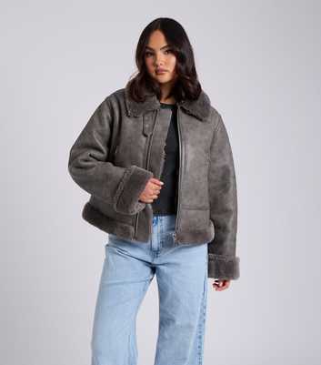 Urban Bliss Grey Faux Shearling Aviator Jacket