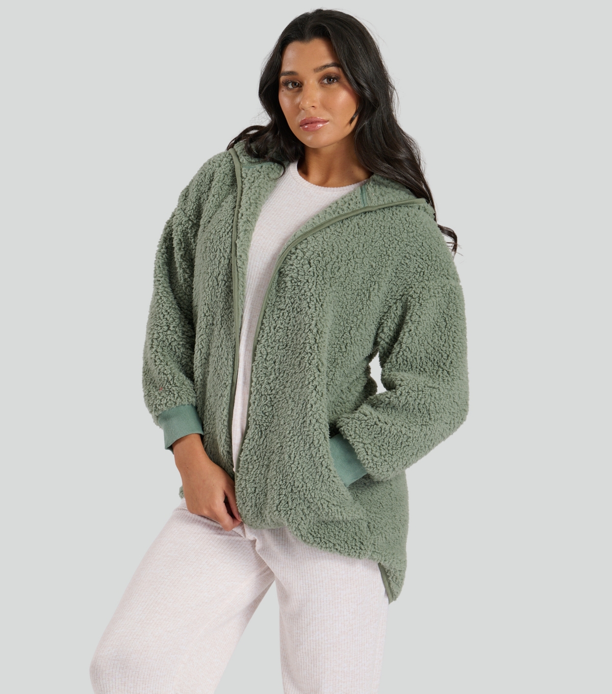 Women's Green Borg Hooded Cardigan Loungeable New Look