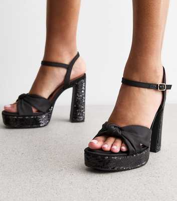 Black Sequin Knot Platform Sandals