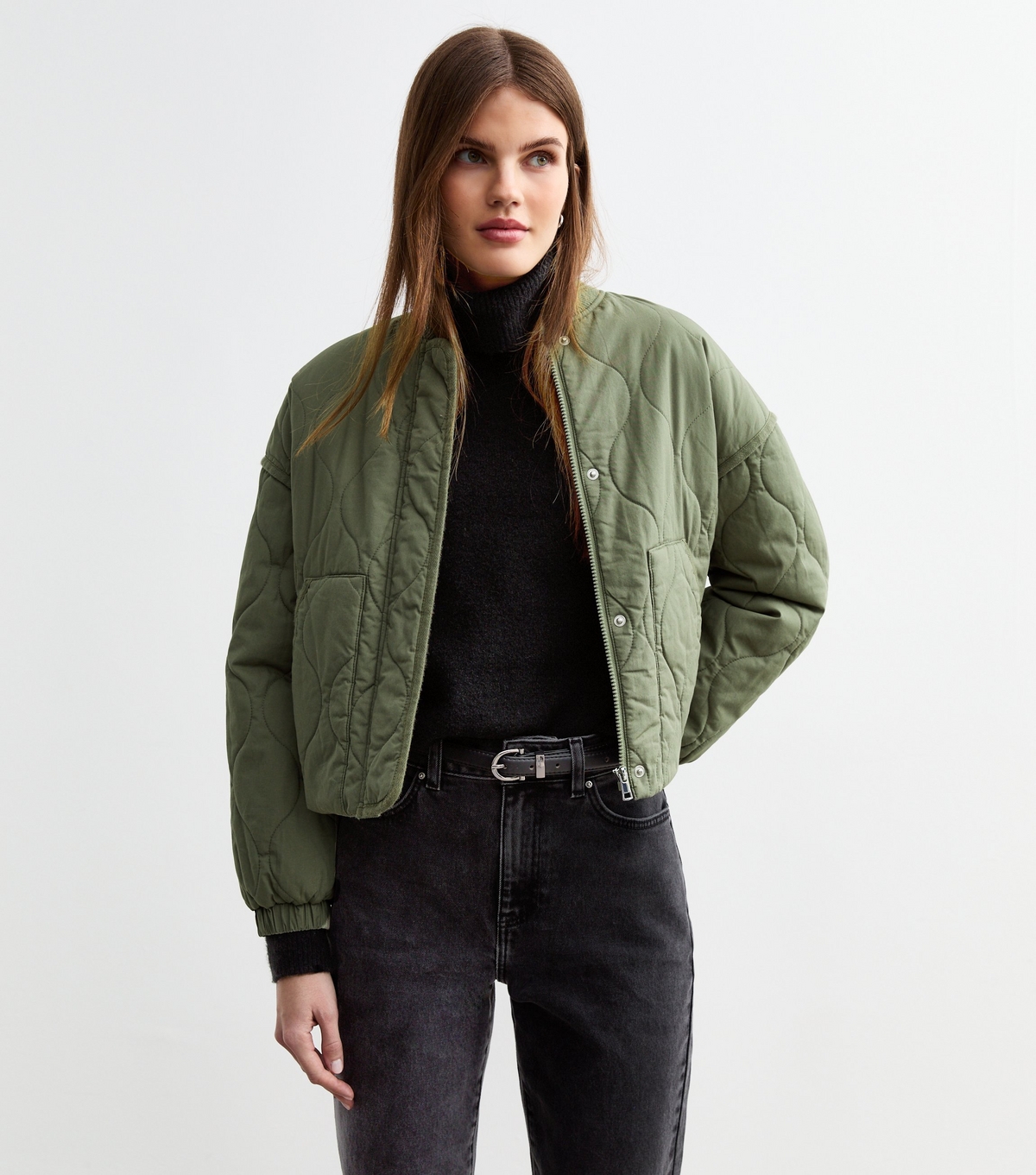 Women's Khaki Stitched Pattern Lightly Padded Bomber Jacket New Look
