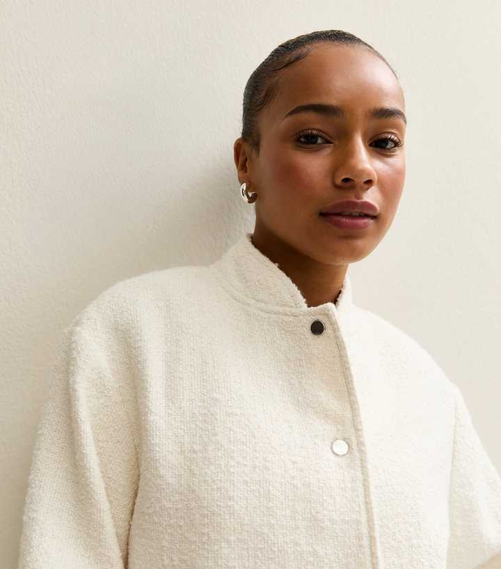 Petite Cream Bouclé Bomber Jacket New Look