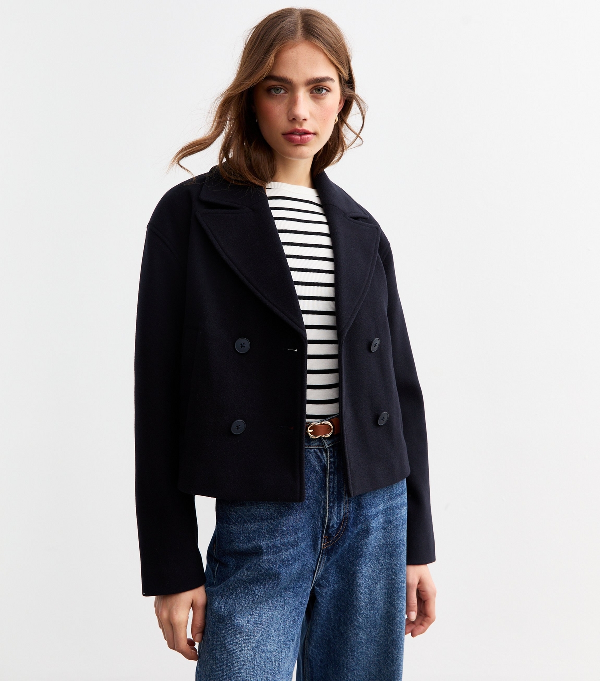 Women's Navy Cropped Pea Coat New Look