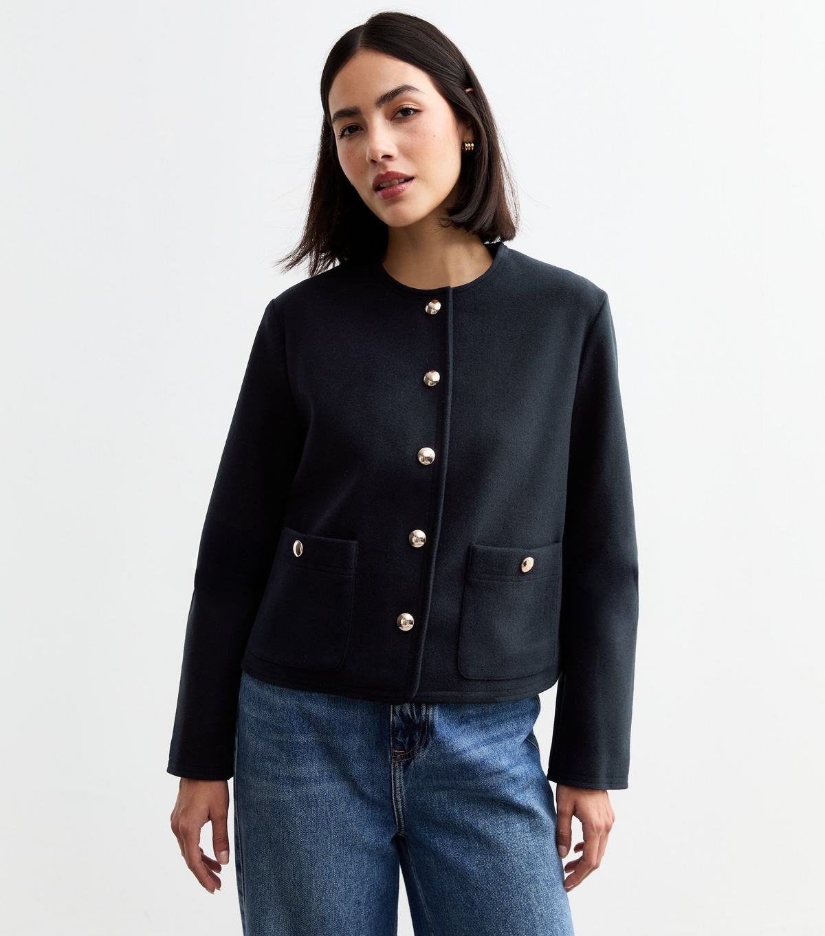 Women's Navy Collarless Soft Jacket New Look