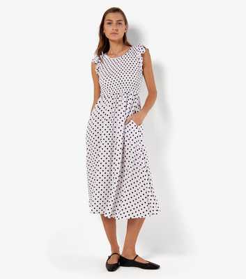 Apricot White Polka Dot Ruffle Sleeve Midi Smock Dress