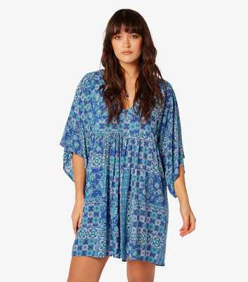 Apricot Blue Patchwork Print Mini Kaftan Dress