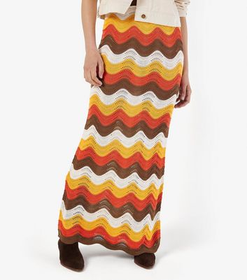 Apricot Orange Crochet Wave Print Maxi Skirt New Look