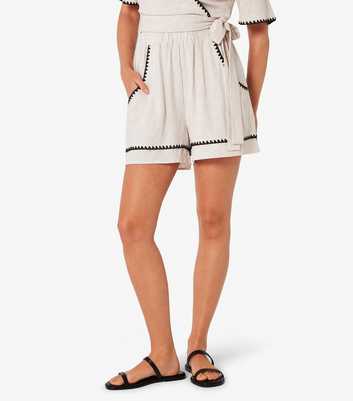 Apricot Stone Linen-Blend Contrast Trim Shorts