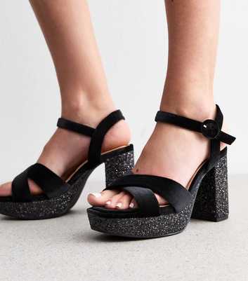 Extra Wide Fit Black Sequinned Sole Velvet Sandals