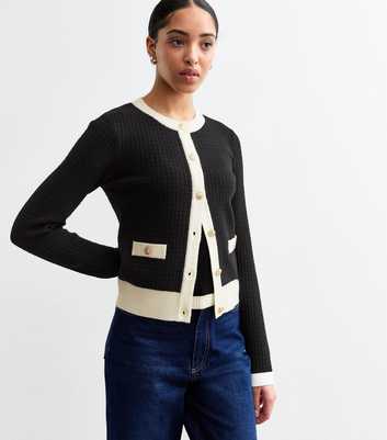 Black Contrast Trim Waffle Knit Cardigan