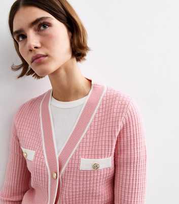 Pink Waffle Knit Contrast Tipping Cardigan