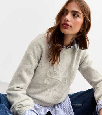 Pale Grey Heart Embroidered Milan Slogan Jumper