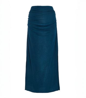 QUIZ Teal Split Hem Ruched Midi Skirt New Look