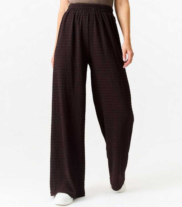 Gini London Brown Textured Elasticated Wide Trousers