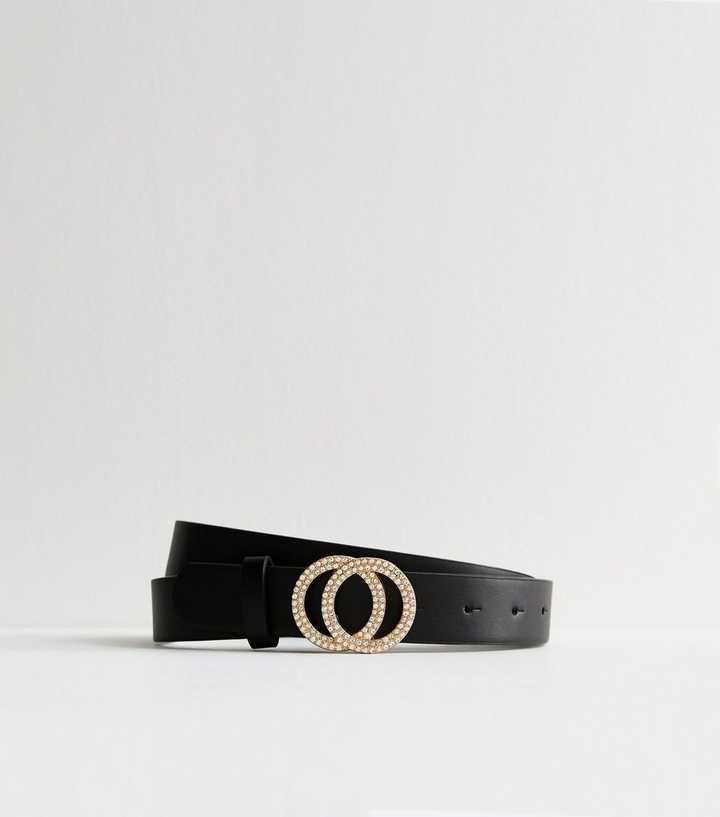 Black Diamantè Buckle Faux Leather Belt New Look