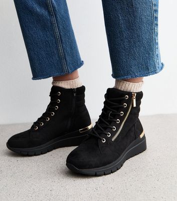 Black suede wedge ankle boots on sale